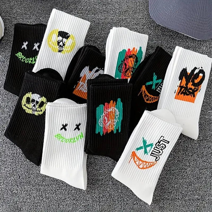 10 Pairs Men's Trendy Graffiti Pattern Crew Socks - Derslash