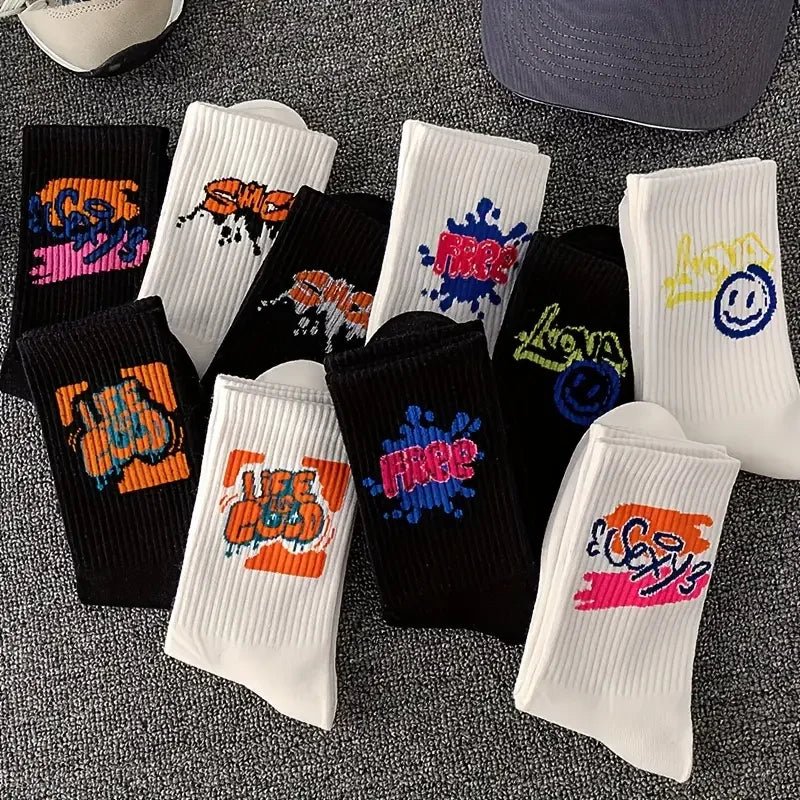 10 Pairs Men's Trendy Graffiti Pattern Crew Socks - Derslash