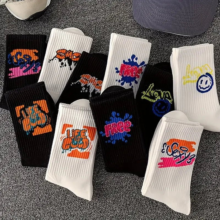 10 Pairs Men's Trendy Graffiti Pattern Crew Socks - Derslash