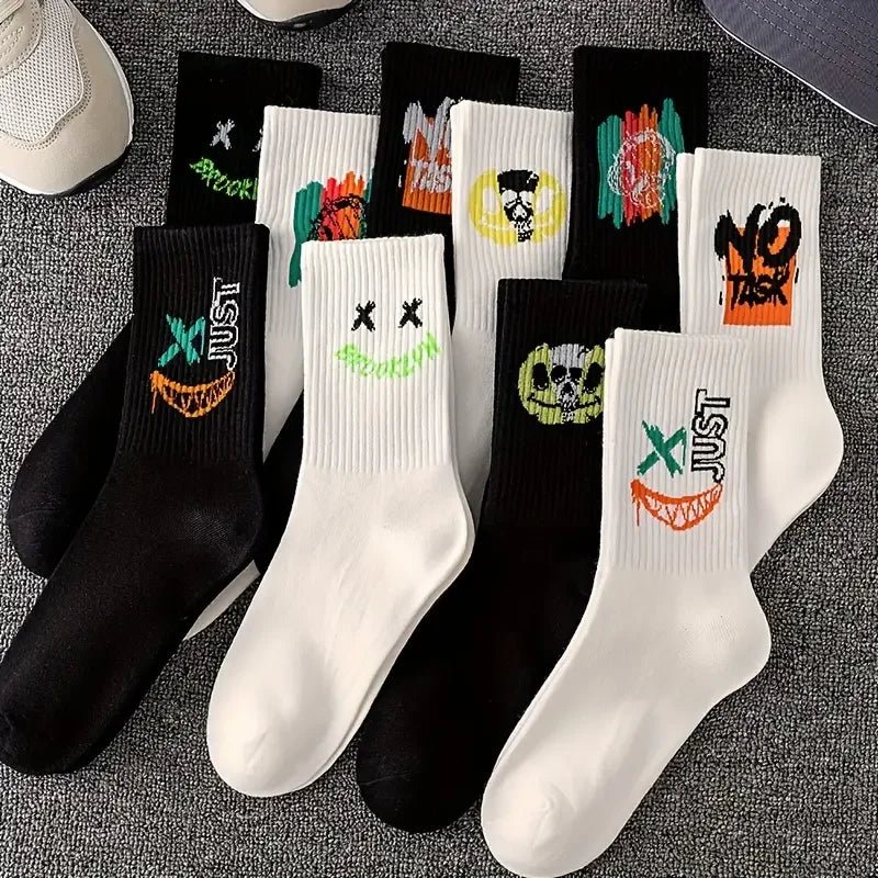 10 Pairs Men's Trendy Graffiti Pattern Crew Socks - Derslash