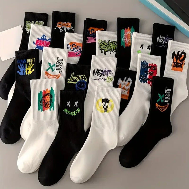 10 Pairs Men's Trendy Graffiti Pattern Crew Socks - Derslash