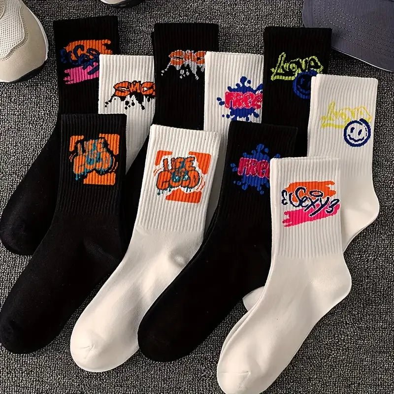 10 Pairs Men's Trendy Graffiti Pattern Crew Socks - Derslash