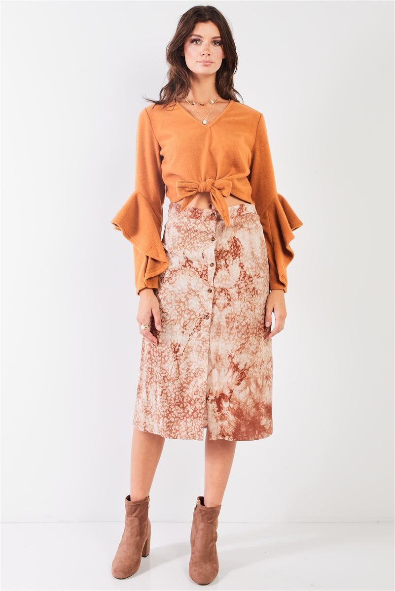 Flauschiges, kurzes Oberteil mit V-Ausschnitt, langen Rüschenärmeln und selbstbindendem Frontdetail