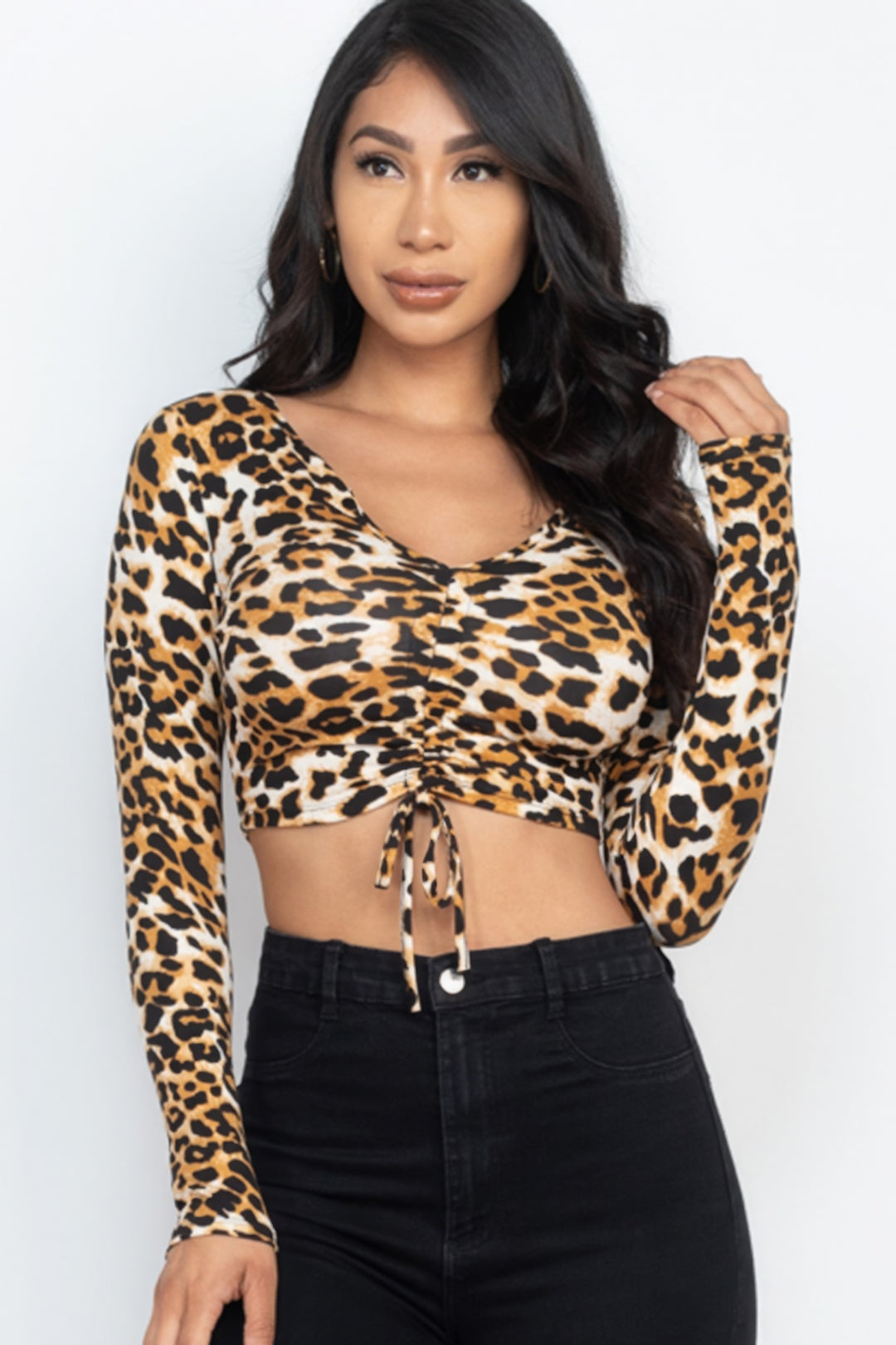 Crop Top mit Leopardenmuster und gerüschter Vorderseite