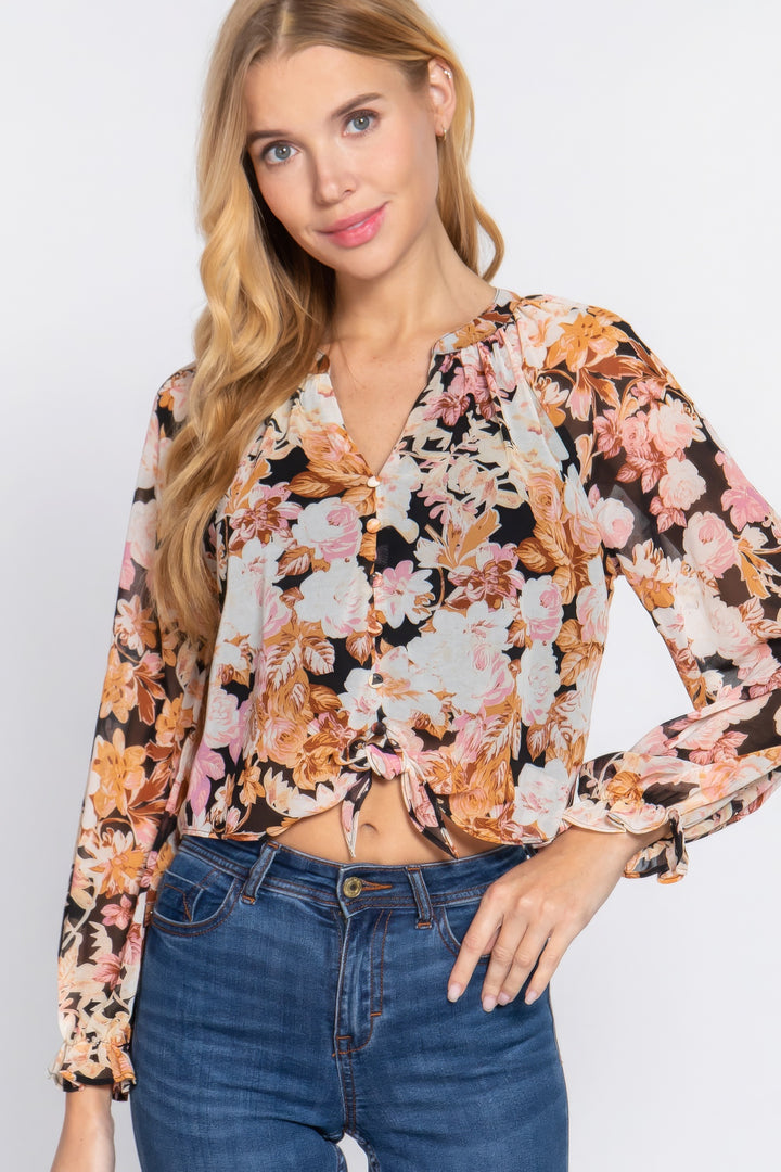 Gewebte Bluse mit Bindedetail vorne und Print