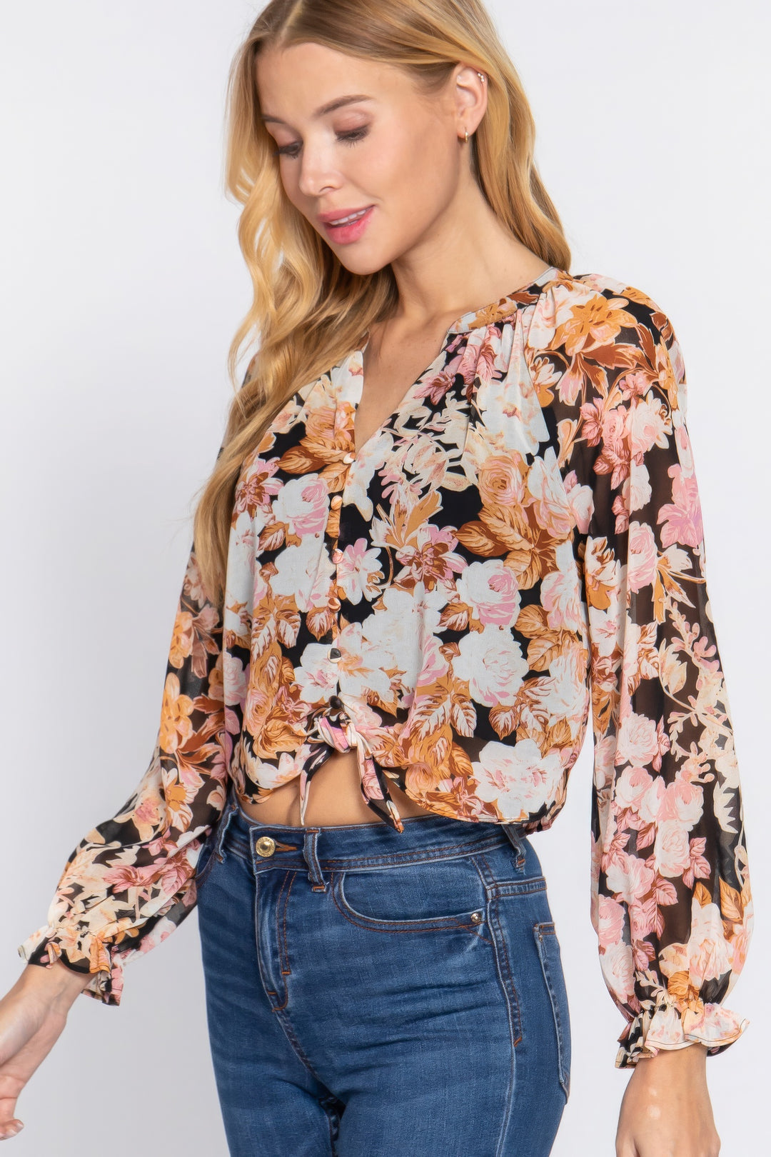 Gewebte Bluse mit Bindedetail vorne und Print