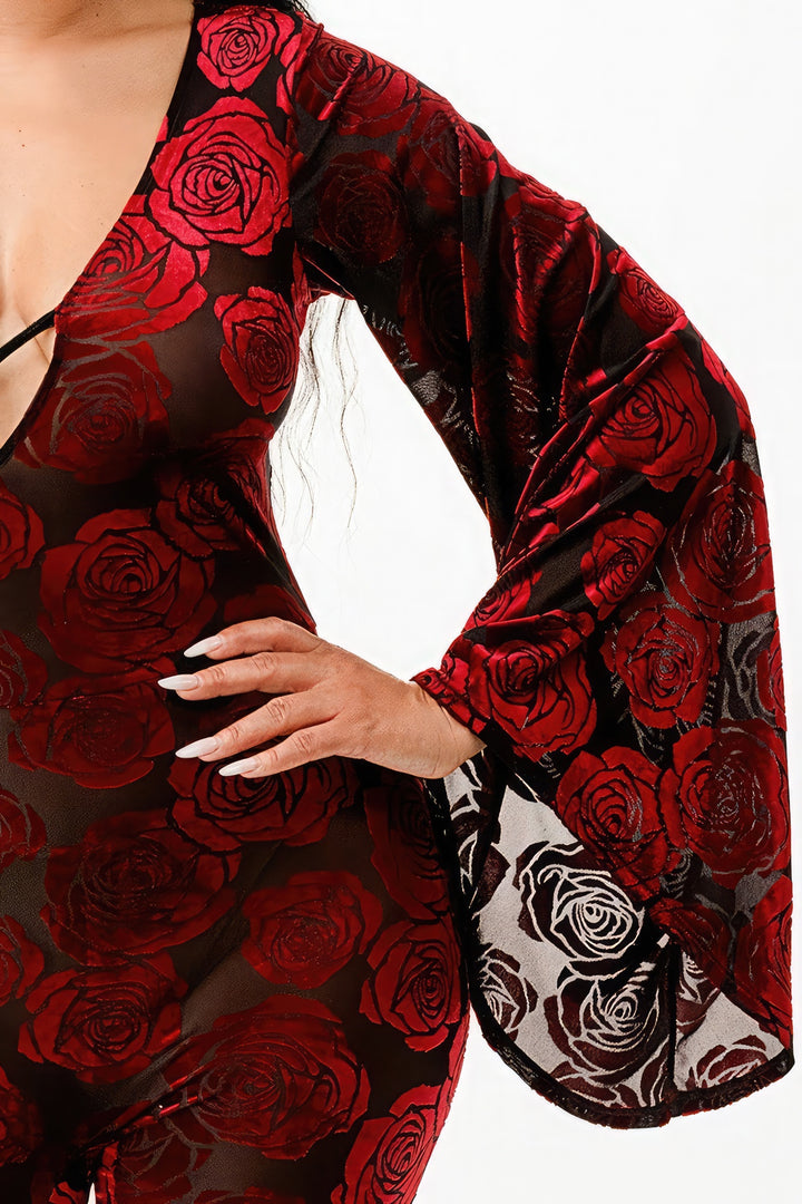 Samtbeflockter Jumpsuit/Glockenärmel