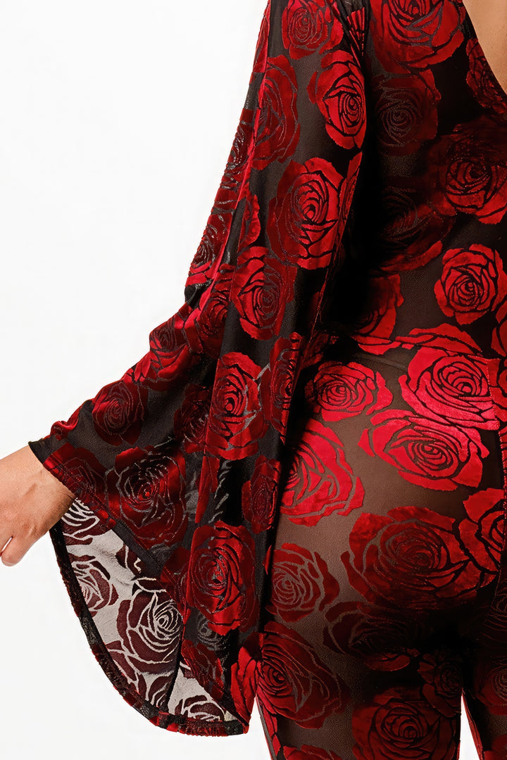 Samtbeflockter Jumpsuit/Glockenärmel