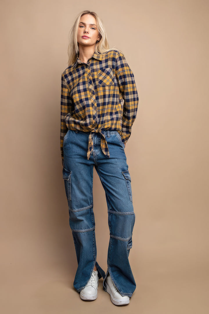 Kariertes Hemd mit Knopfleiste und Fronttasche