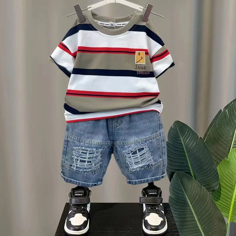 Baby Boys' Summer Set: Stripe T - Shirt + Denim Shorts - Derslash