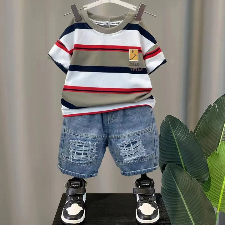Baby Boys' Summer Set: Stripe T - Shirt + Denim Shorts - Derslash