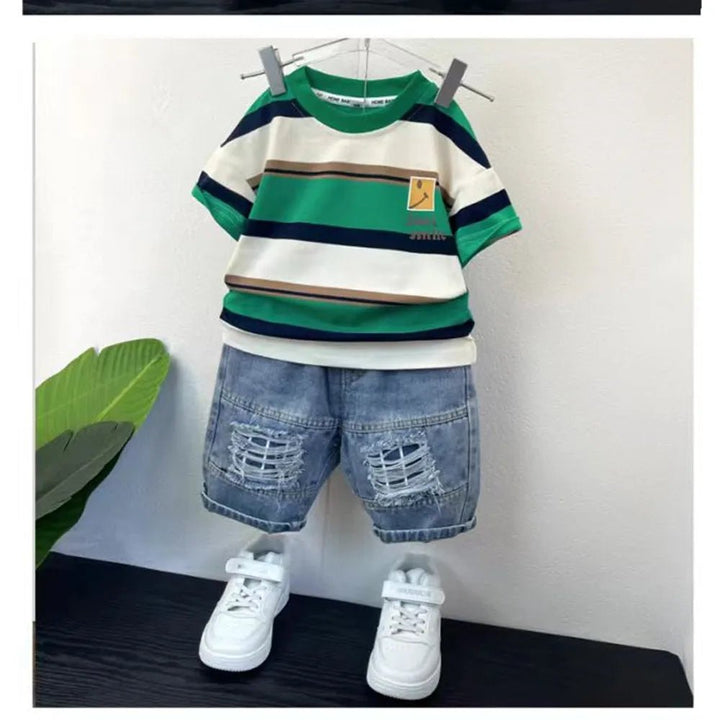 Baby Boys' Summer Set: Stripe T - Shirt + Denim Shorts - Derslash