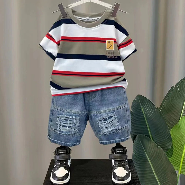 Baby Boys' Summer Set: Stripe T - Shirt + Denim Shorts - Derslash
