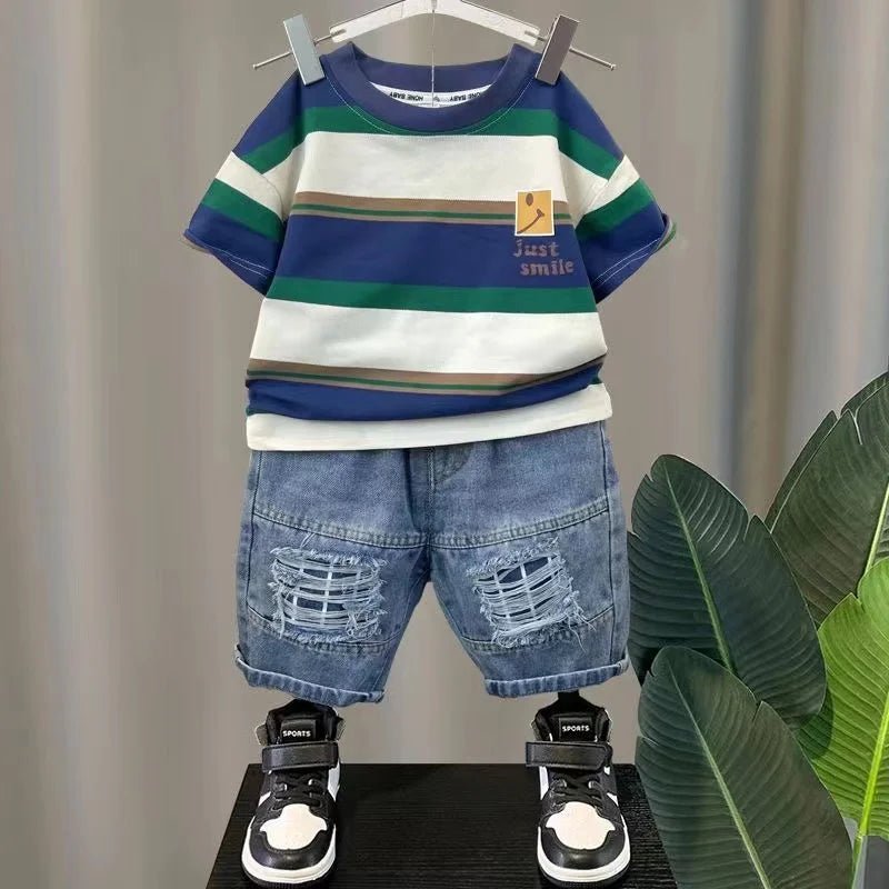 Baby Boys' Summer Set: Stripe T - Shirt + Denim Shorts - Derslash