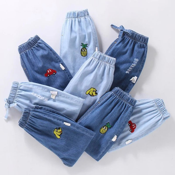 Boys' & Girls' Summer Jeans: Casual Thin Long Pants with Cartoon Embroidery - Derslash