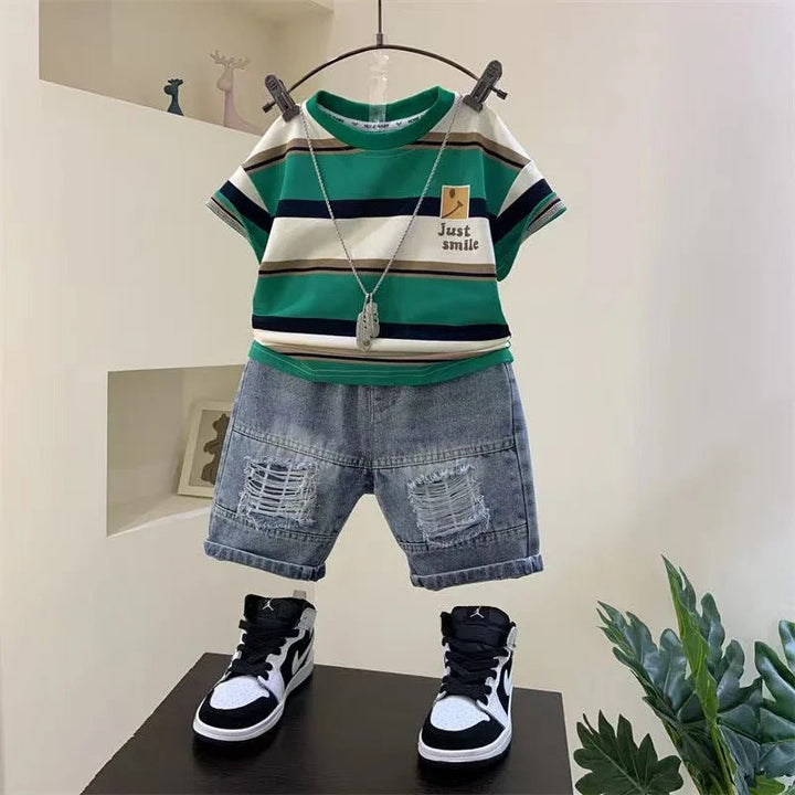 Boys' Summer 2023 Outfit: Cotton Shirt & Denim Shorts 2 - Piece Set - Derslash