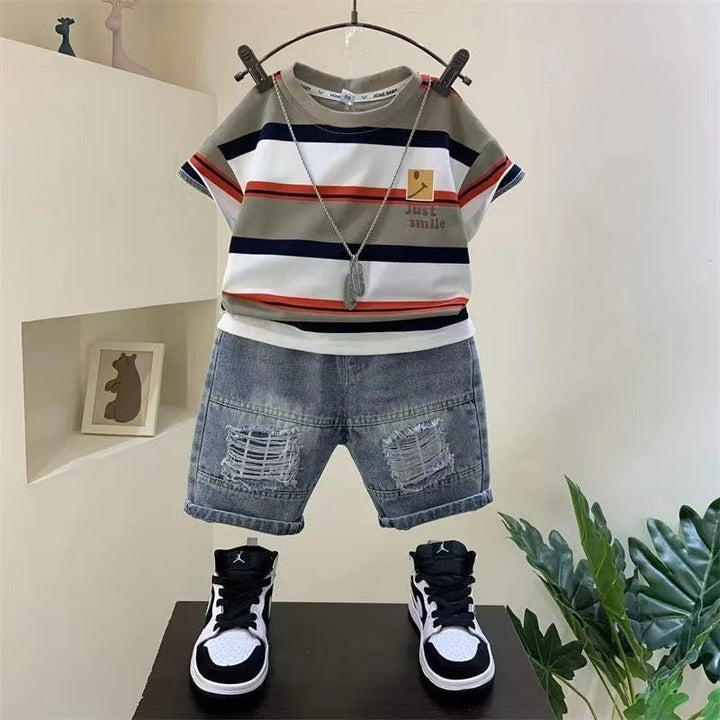 Boys' Summer 2023 Outfit: Cotton Shirt & Denim Shorts 2 - Piece Set - Derslash