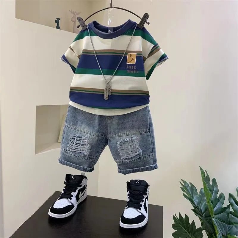 Boys' Summer 2023 Outfit: Cotton Shirt & Denim Shorts 2 - Piece Set - Derslash