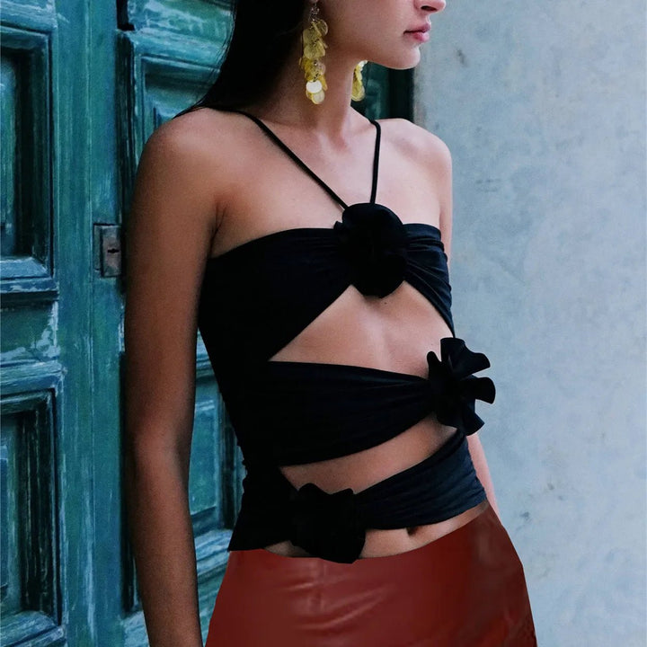 hirigin Chic 3D Floral Strap Crop Tops - Derslash
