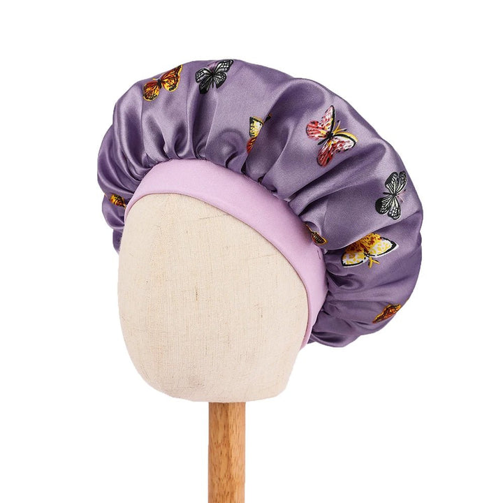 Kids Satin Bonnet Butterfly Print Children's New Elastic Elastic Print Bonnet Cap, Fashion Comfortable Sleeping Cap Hair Cap - Derslash