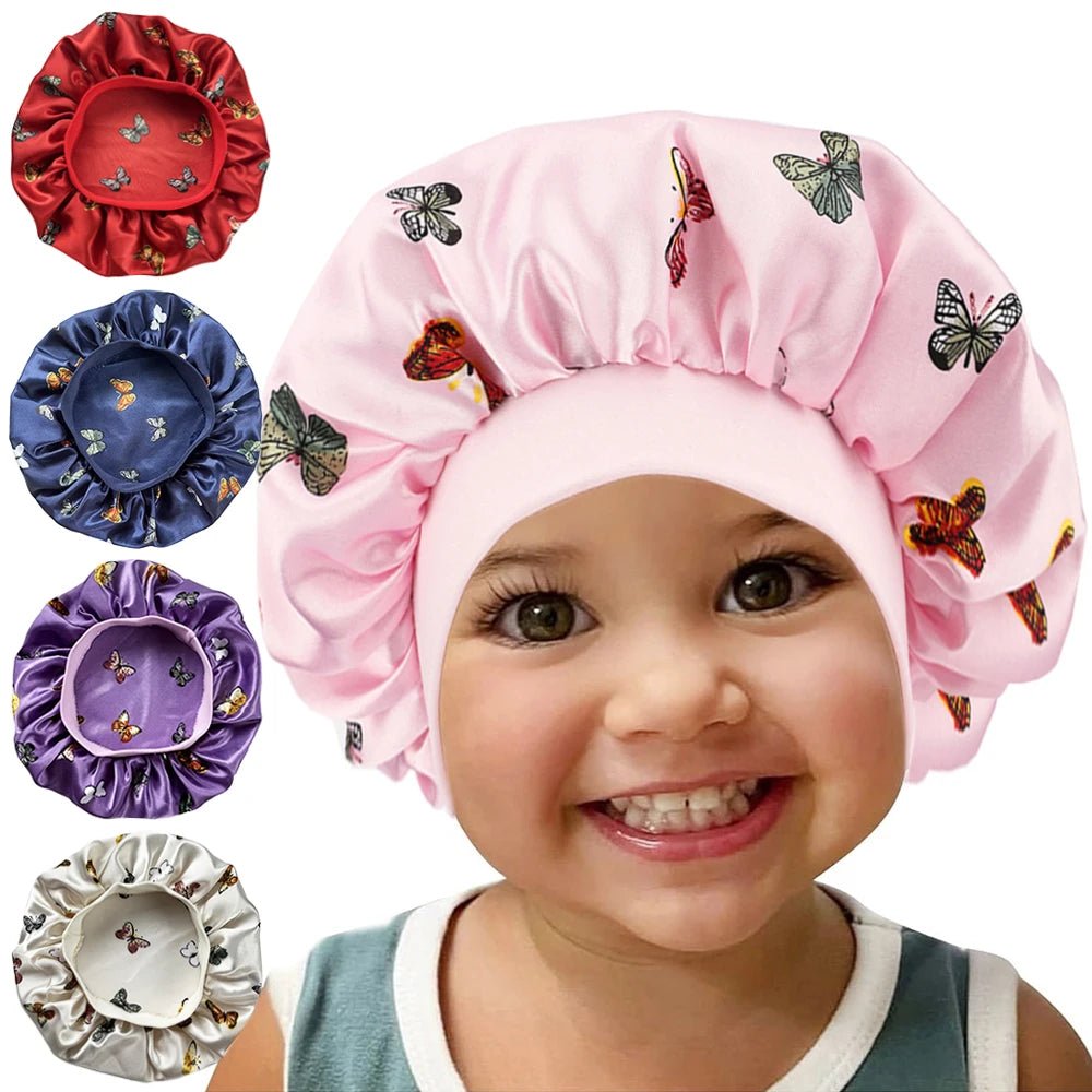 Kids Satin Bonnet Butterfly Print Children's New Elastic Elastic Print Bonnet Cap, Fashion Comfortable Sleeping Cap Hair Cap - Derslash