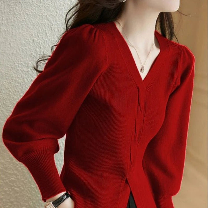 Red Ladies V/neck Sweaters - Derslash