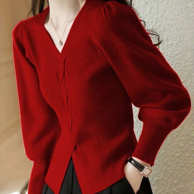 Red Ladies V/neck Sweaters - Derslash