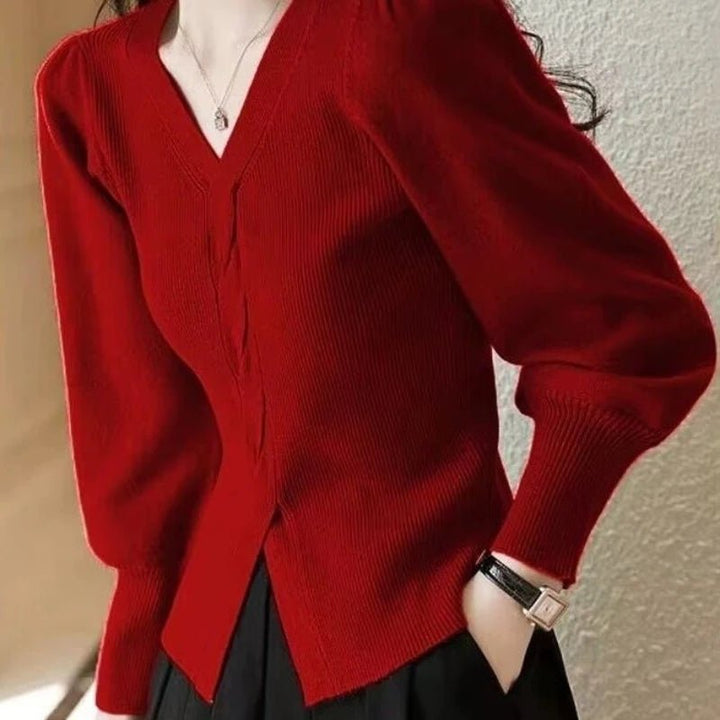 Red Ladies V/neck Sweaters - Derslash