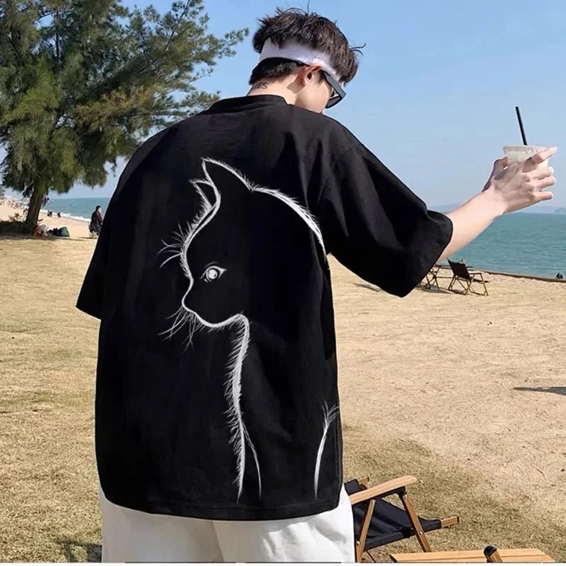 Summer Oversized Cartoon Cat Print Tees - Derslash