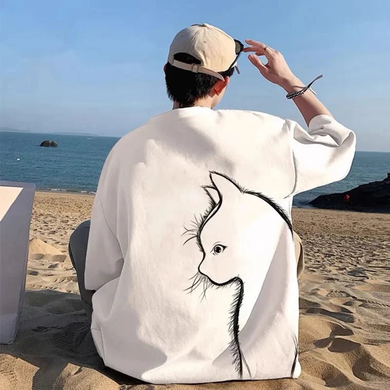 Summer Oversized Cartoon Cat Print Tees - Derslash