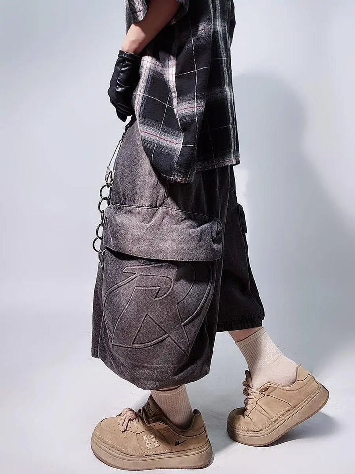 Y2K Men's Retro Denim Gym Shorts: Loose Wide - Leg with Letter Pattern - Derslash