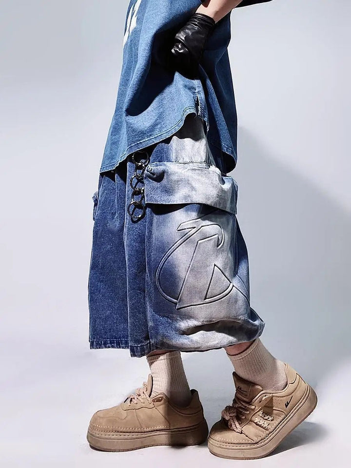 Y2K Men's Retro Denim Gym Shorts: Loose Wide - Leg with Letter Pattern - Derslash