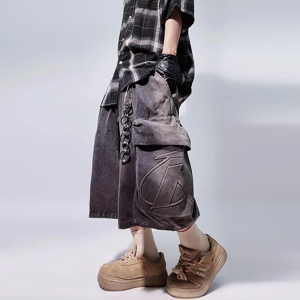 Y2K Men's Retro Denim Gym Shorts: Loose Wide - Leg with Letter Pattern - Derslash