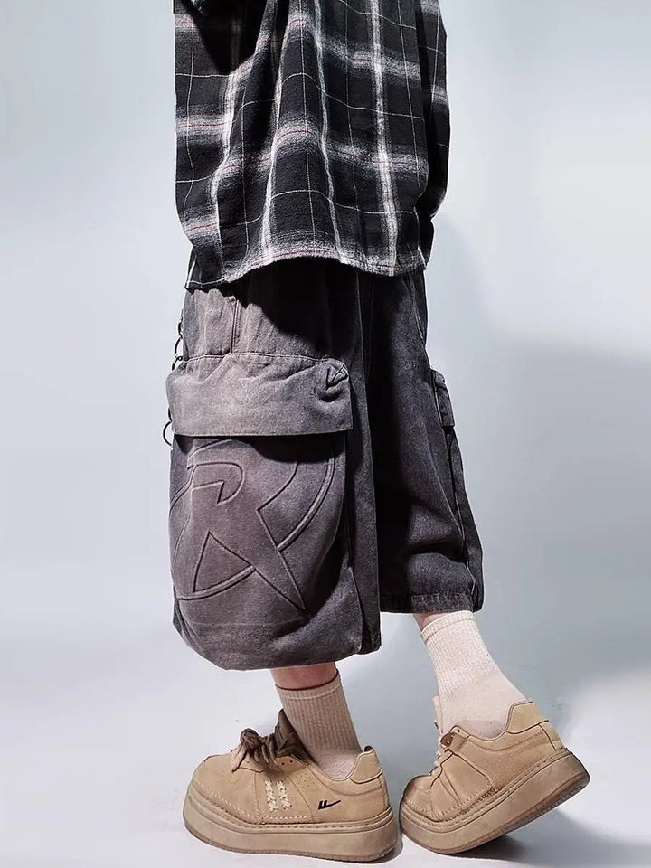 Y2K Men's Retro Denim Gym Shorts: Loose Wide - Leg with Letter Pattern - Derslash