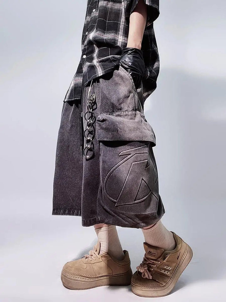 Y2K Men's Retro Denim Gym Shorts: Loose Wide - Leg with Letter Pattern - Derslash