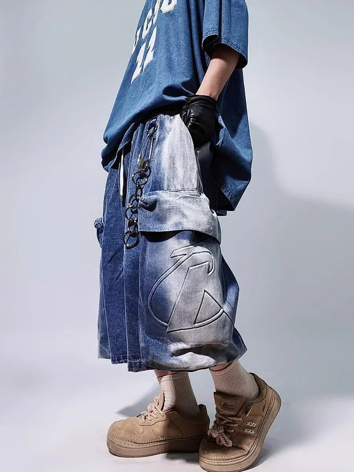 Y2K Men's Retro Denim Gym Shorts: Loose Wide - Leg with Letter Pattern - Derslash