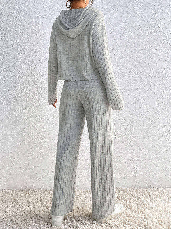 Honey Drawstring Ribbed Hoodie and Straight Leg Pants Set