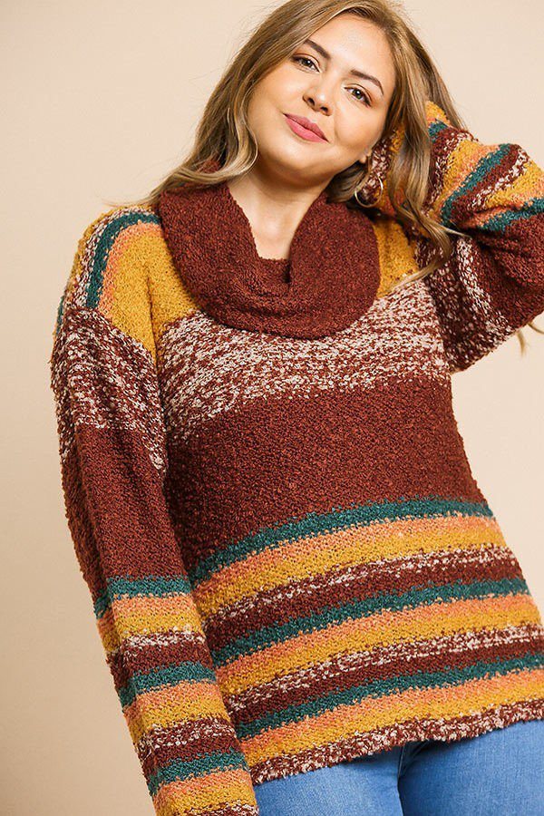 Mehrfarbig gestreifter, flauschiger Strickpullover mit langen Ärmeln