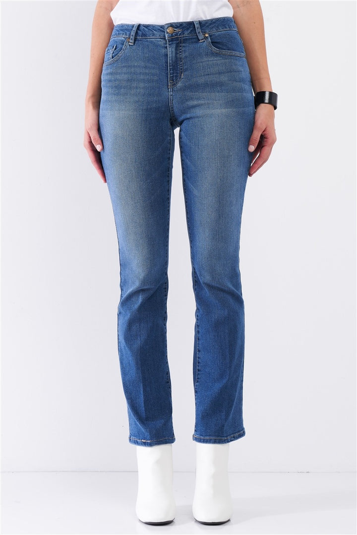 Mittelblaue Skinny Boot Jeans aus recyceltem Denim mit hoher Taille