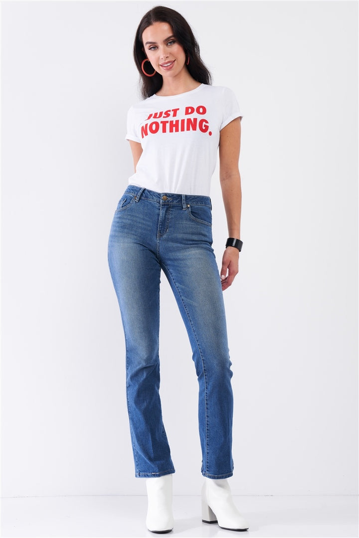 Mittelblaue Skinny Boot Jeans aus recyceltem Denim mit hoher Taille