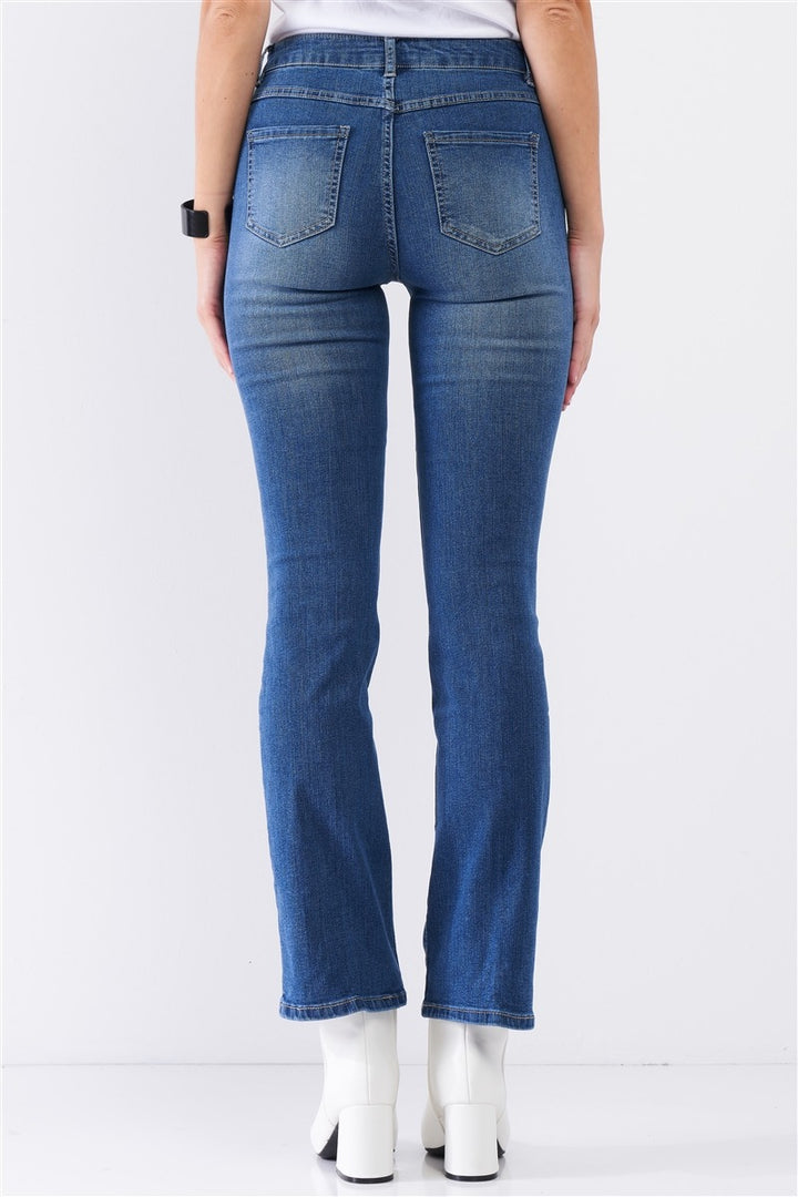 Mittelblaue Skinny Boot Jeans aus recyceltem Denim mit hoher Taille