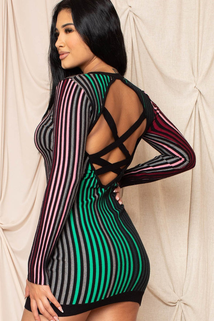 Mehrfarbig gestreiftes Rippenkleid