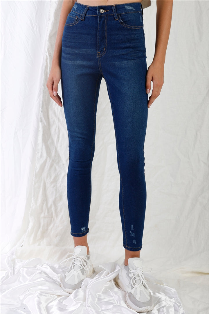 Dunkelblaue Skinny-Jeans mit hoher Taille und Rissen