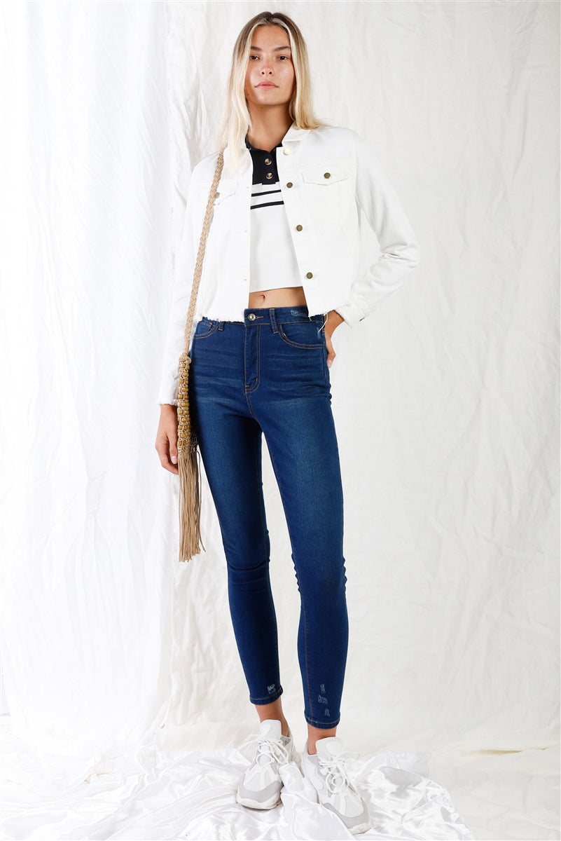 Dunkelblaue Skinny-Jeans mit hoher Taille und Rissen