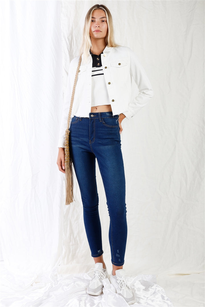 Dunkelblaue Skinny-Jeans mit hoher Taille und Rissen