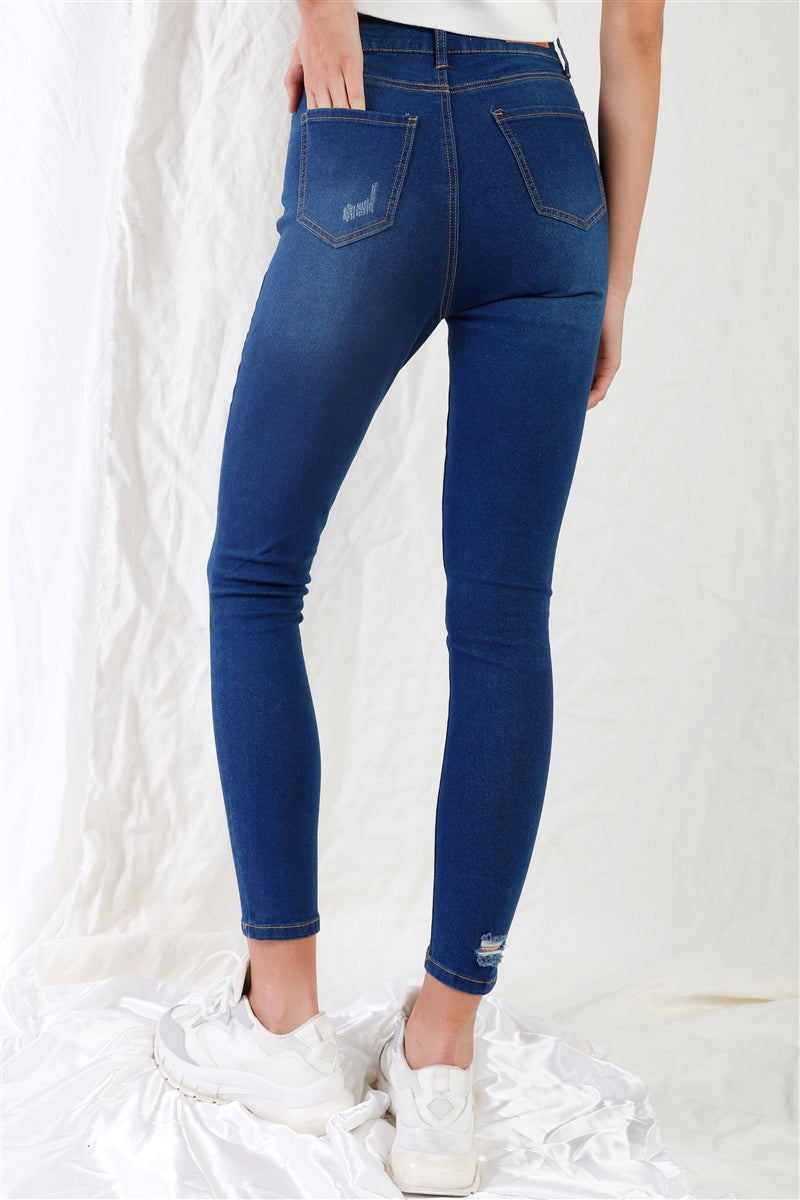 Dunkelblaue Skinny-Jeans mit hoher Taille und Rissen