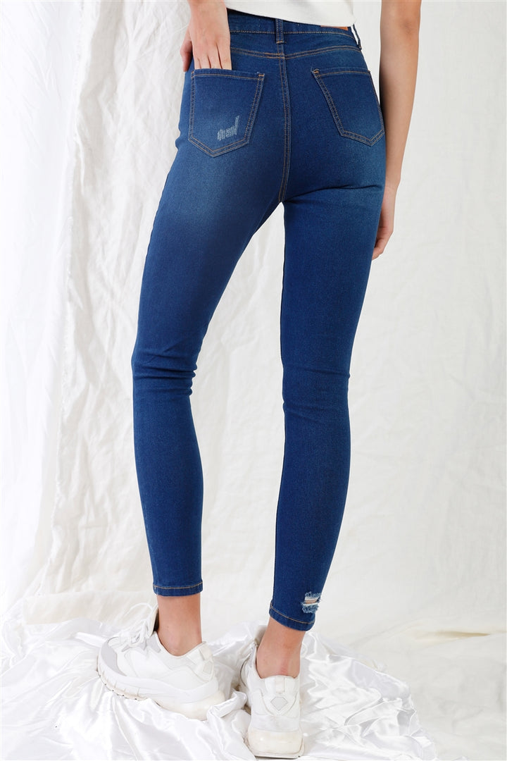 Dunkelblaue Skinny-Jeans mit hoher Taille und Rissen