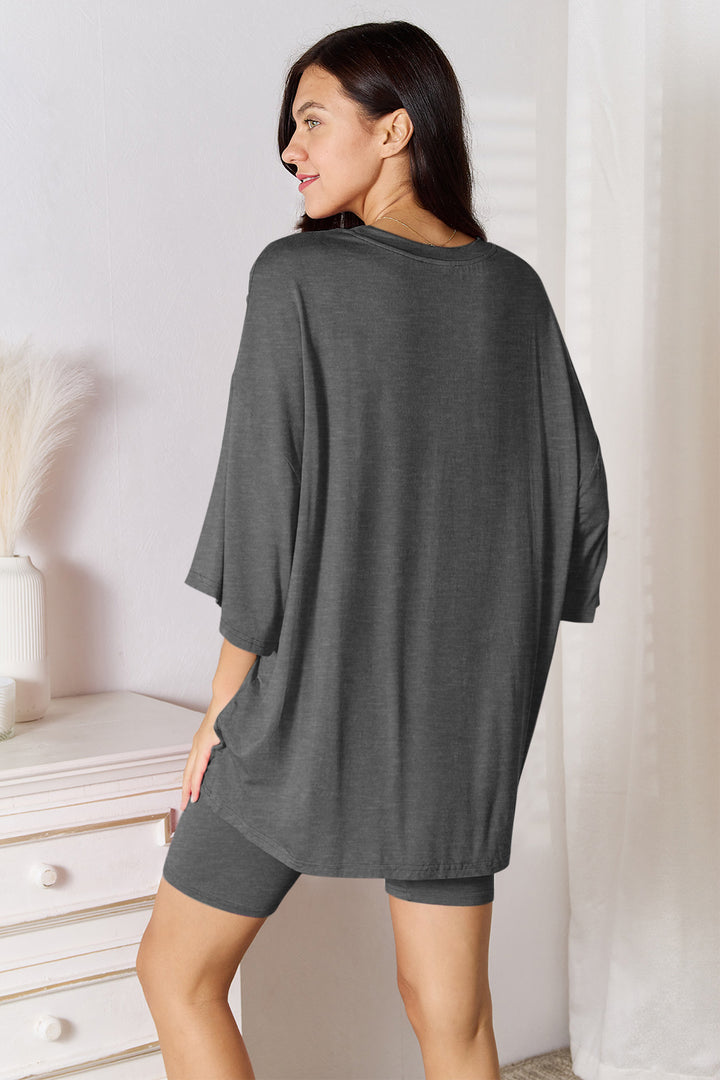 Basic Bae Set aus weichem Viskoseoberteil und Shorts in voller Größe mit Dreiviertelärmeln
