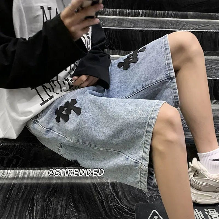 cross - print denim shorts - Derslash