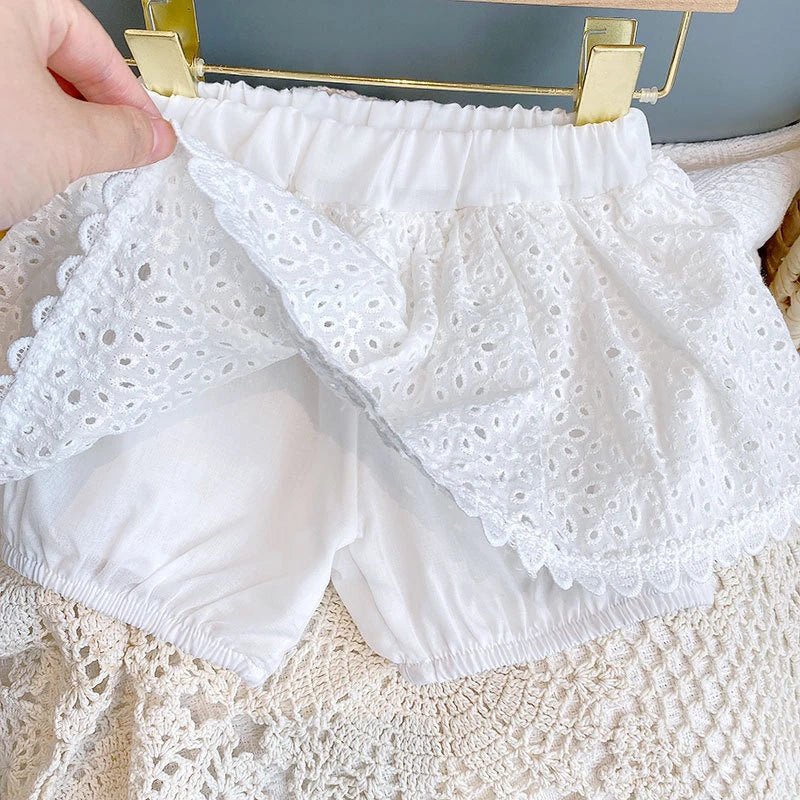 Hollow Lace Suit Sleeveless T - shirt+Shorts - Derslash